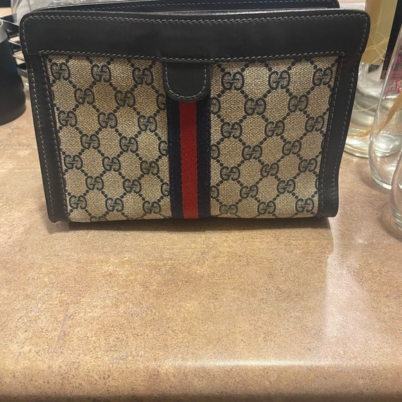 Vintage GUCCI Clutch Bag Sherry Line GG Pouch Navy Leather - Picture 1 of 8